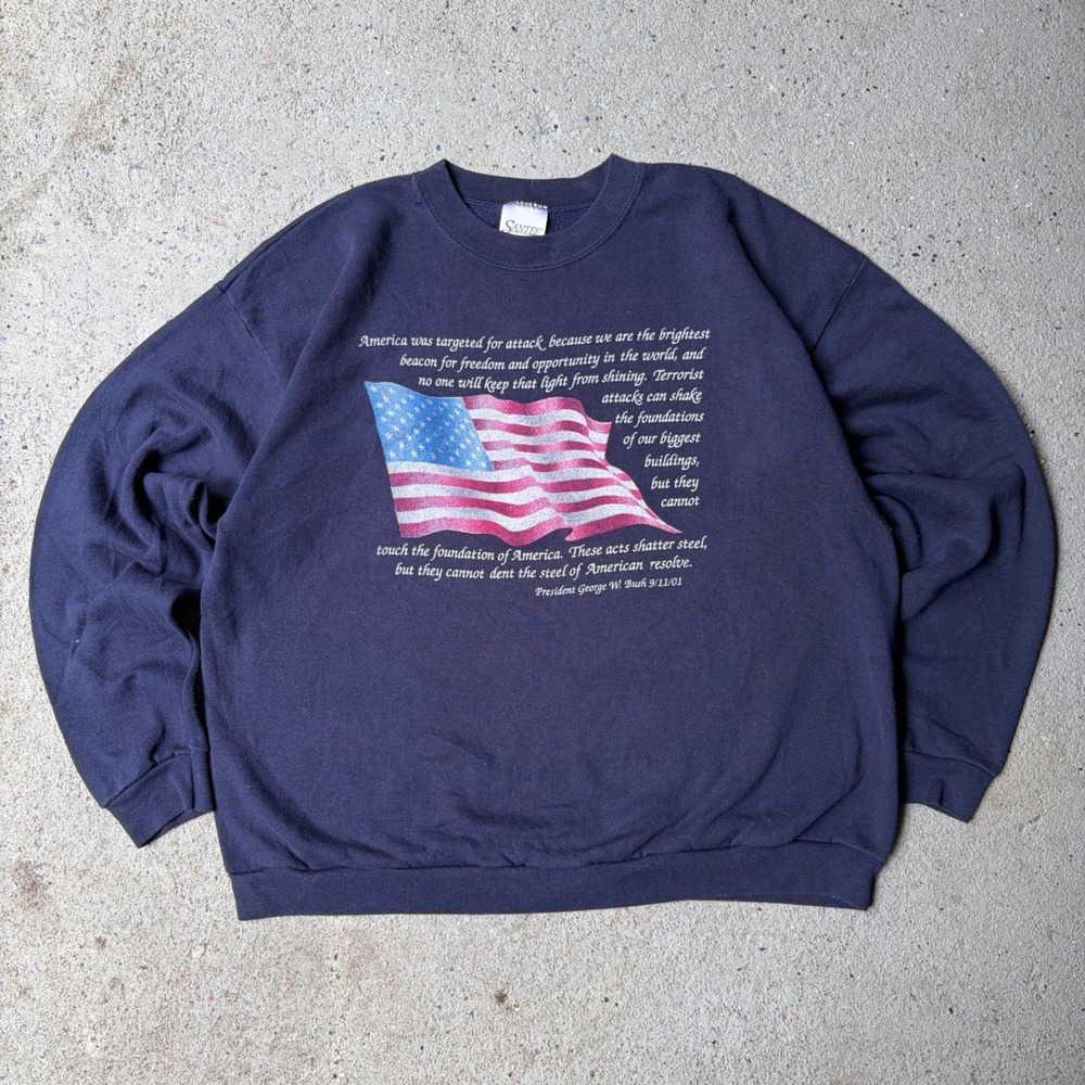 Vintage Santee 9/11 George W Bush Quote Navy Blue Sweatshirt USA Made XL